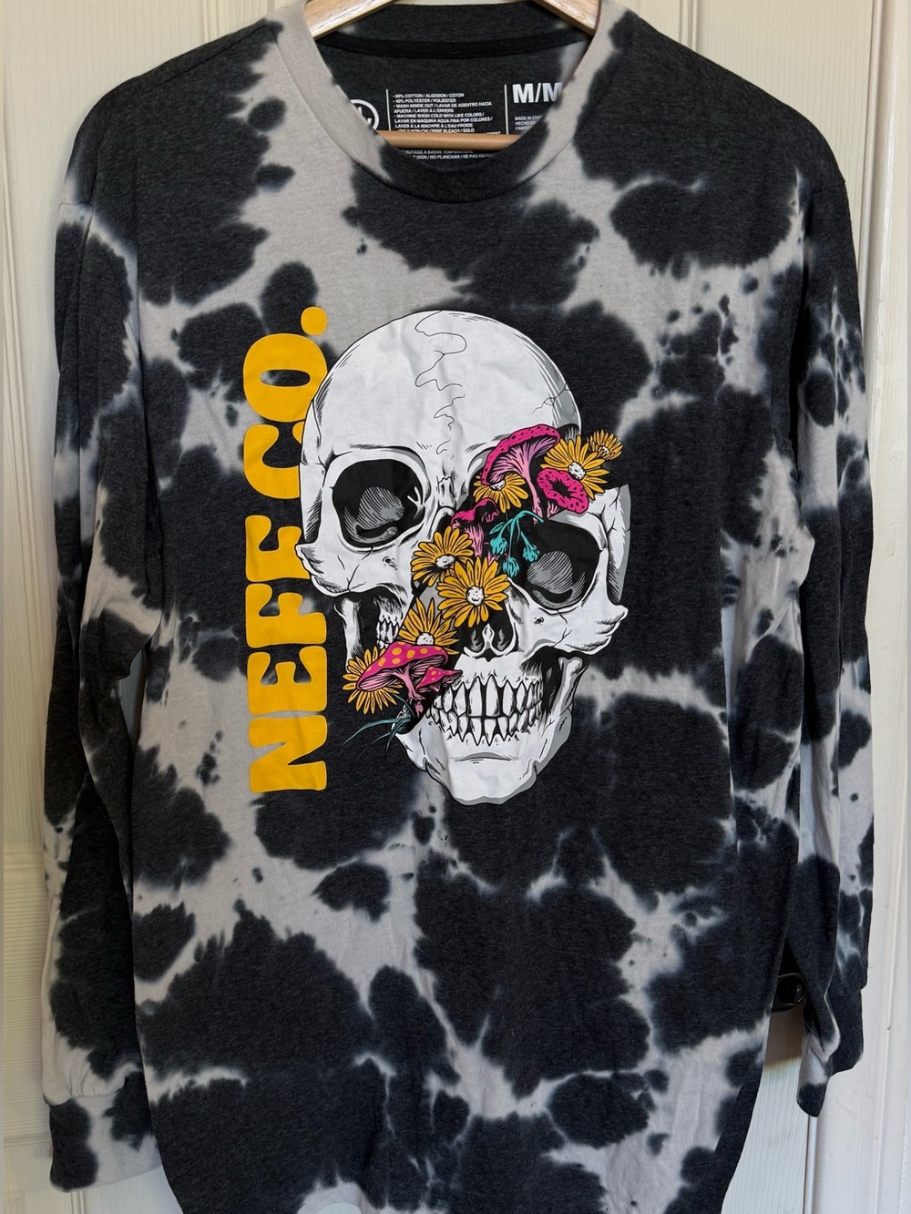 Neff Black & White Tie-Dye Skull Crewneck with Yellow Logo